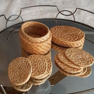 WOVEN COASTER Set 70s  Vintage (6) in Woven Lidded Box‎